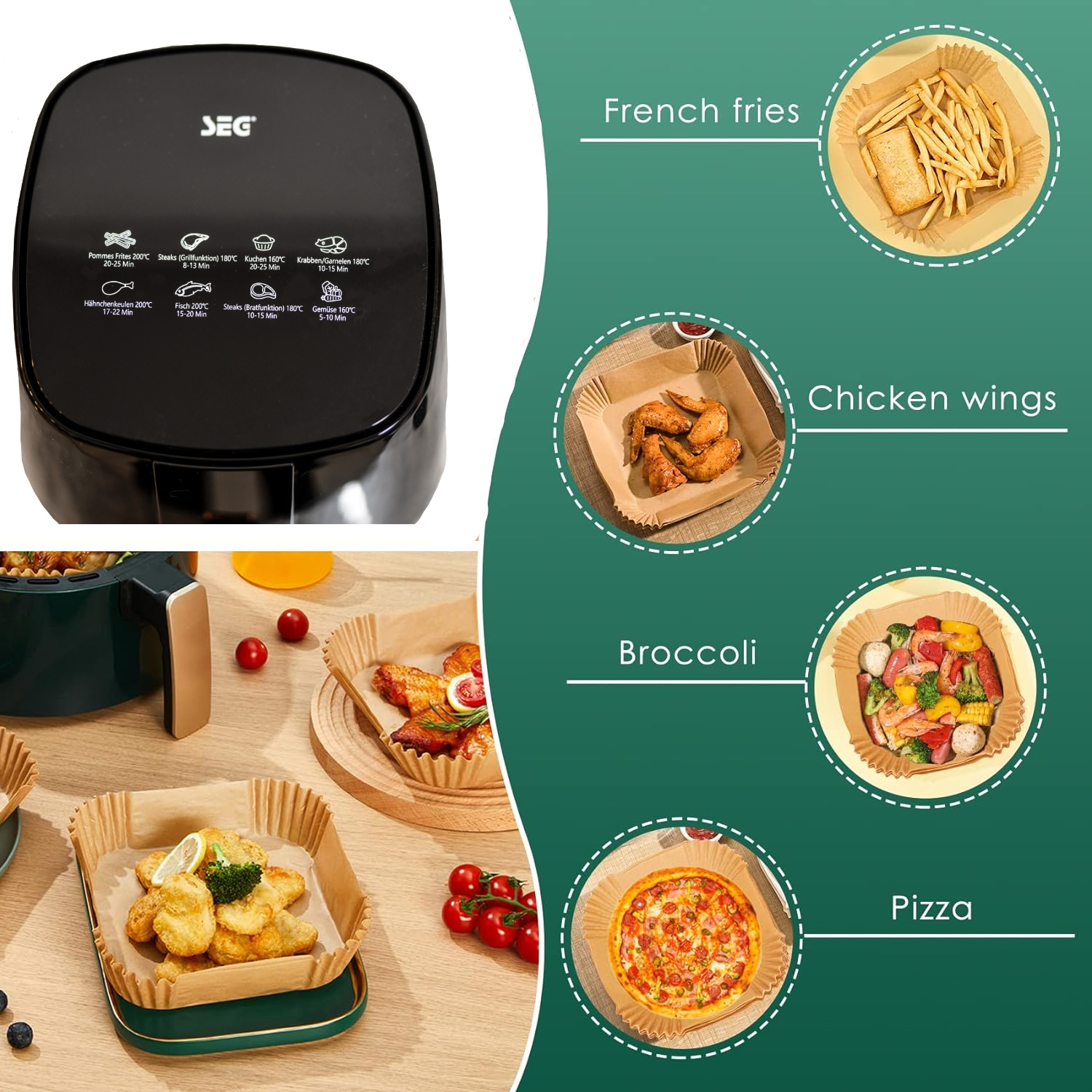 Friteuza cu aer cald AT PERFORMANCE®, afisaj digital cu 8 retete prestabilte, 1400 W, capacitate vas 4l, termostat reglabil 80-200˚C, timer 1-60 min, Neagra - Friteuze - atMag.ro