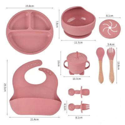 Set 10 piese hranire bebe, diversificare, silicon, baveta, farfurie, bol cu ventuza, lingurita si furculita, cana gustari, lingurita de lemn, si furculita de lemn, fara alergeni, ceasca dreapta, Roz. - Igiena si ingrijire - atMag.ro