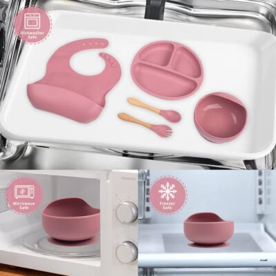 Set 10 piese hranire bebe, diversificare, silicon, baveta, farfurie, bol cu ventuza, lingurita si furculita, cana gustari, lingurita de lemn, si furculita de lemn, fara alergeni, ceasca dreapta, Roz. - Igiena si ingrijire - atMag.ro
