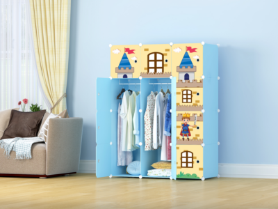 Dulap modular pentru copii, albastru, AT PERFORMANCE®, 12 rafturi, durabil, 110X37X147 cm, castel, print - Mobilier camera copii - atMag.ro