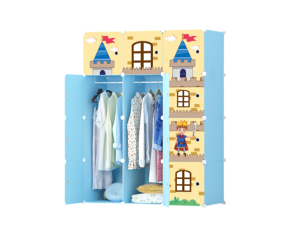 Dulap modular pentru copii, albastru, AT PERFORMANCE®, 12 rafturi, durabil, 110X37X147 cm, castel, print - Mobilier camera copii - atMag.ro