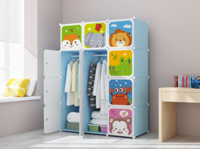 Dulap modular pentru copii, albastru, AT PERFORMANCE®, 12 rafturi, durabil, 76X37X147 cm, animalute zoo - Mobilier camera copii - atMag.ro