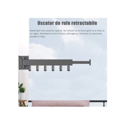 Suport de uscare montat pe perete, AT PERFORMANCE®, retractabil cu carlige, usor de instalat, capacitate mare de incarcare, pentru balcon/baie/dormitor - Curatenie si intretinere - atMag.ro