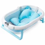 Cadita pliabila cu termometru incorporat si perna, Dimensiuni 83 x 50 x 20 cm, Material PP/TPE, Pliere rapida, Usor de utilizat, Picioare antiderapante, Varsta 0-3 ani, Structura Solida, Culoare Albastru