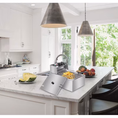 Friteuza Electrica Comerciala RAF R5220, AT PERFORMANCE®, un rezervor, usor de curatat, cos auto-strecurabil, blat din otel inoxidabil, capac pentru prevenirea stropirii, capacitate 5L, gri - Friteuze - atMag.ro