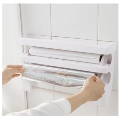 Dozator de Folie Aluminiu, Folie Plastic si Prosoape Hartie, At Performance, 3 in 1, Cutite Incluse si Kit Montaj Perete, 39 x 24 x 10 cm, Alb-gri - Suporturi servetele - atMag.ro