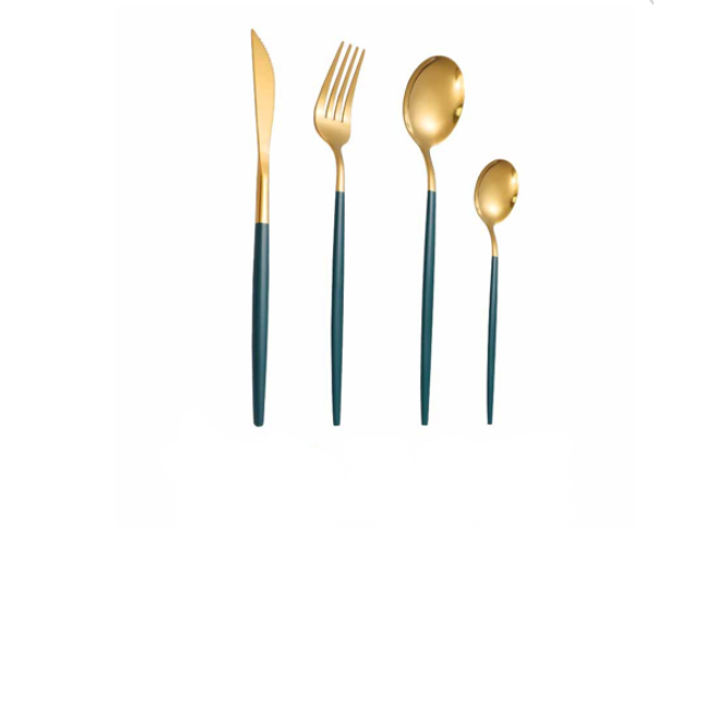 Set de tacamuri At Performance®, 24 piese, din otel inoxidabil, Auriu / Verde - Tacamuri si seturi - atMag.ro Set de tacamuri At Performance®, 24 piese, din otel inoxidabil, Auriu / Verde - Tacamuri si seturi - atMag.ro