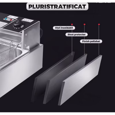 Friteuza Electrica Comerciala RAF R5220, AT PERFORMANCE®, un rezervor, usor de curatat, cos auto-strecurabil, blat din otel inoxidabil, capac pentru prevenirea stropirii, capacitate 5L, gri - Friteuze - atMag.ro