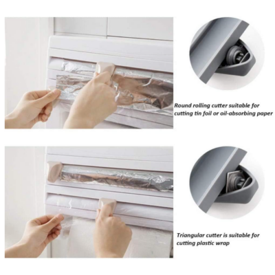 Dozator de Folie Aluminiu, Folie Plastic si Prosoape Hartie, At Performance, 3 in 1, Cutite Incluse si Kit Montaj Perete, 39 x 24 x 10 cm, Alb-gri - Suporturi servetele - atMag.ro