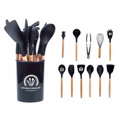 Set 12 ustensile, AT PERFORMANCE® din silicon termorezistent si maner din lemn - Bucatarie si Servire - atMag.ro