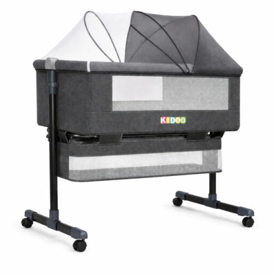 Pătuț Reglabil 6 în 1 KIDOO ® pentru Bebe – Leagăn, Pătuț de Călătorie, Coș Depozitare, Plasă Țânțari, Saltea Moale, Roți 360°, Gri