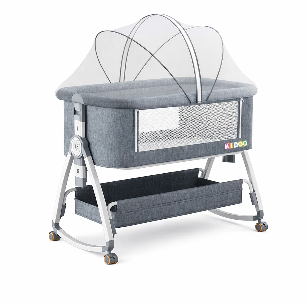 18bc5ed3-3419-48c8-85e0-f0cc1e1748a6 Pat portabil pentru bebeluși KIDOO ® 3 în 1 cu saltea confortabilă, înălțime reglabilă, roți și pliere ușoară – ideal pentru nou-născuți, gri - imagine 1
