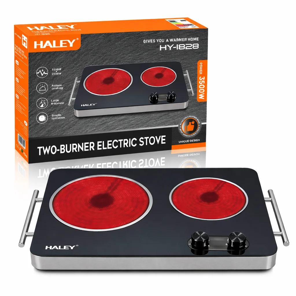 f6ef849a-94dc-486d-b7fc-fc49ca762e60 Plită Electrică Dublă Haley HY–1828 – 2 Zone, Suprafață din Sticlă Neagră - imagine 1