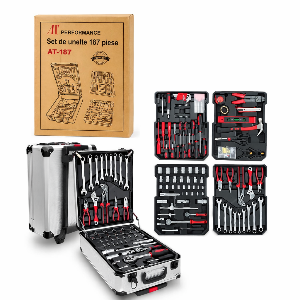0d8ac3ad-138c-4d0f-9217-77d7d146a26a Trusă Unelte Profesională 187 Piese AT Performance – Kit Complet Reparații Auto & Casă - imagine 1
