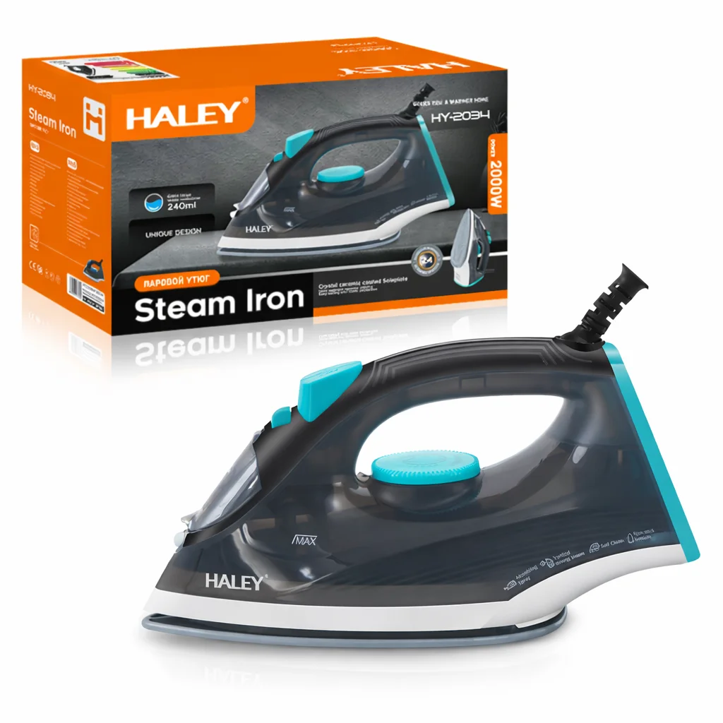 2f726568-7119-4540-ad6a-a79b58899bd0 Fier de călcat cu abur HALEY HY-2034, 2000W, talpă ceramică, abur vertical, rezervor 240 ml - imagine 1