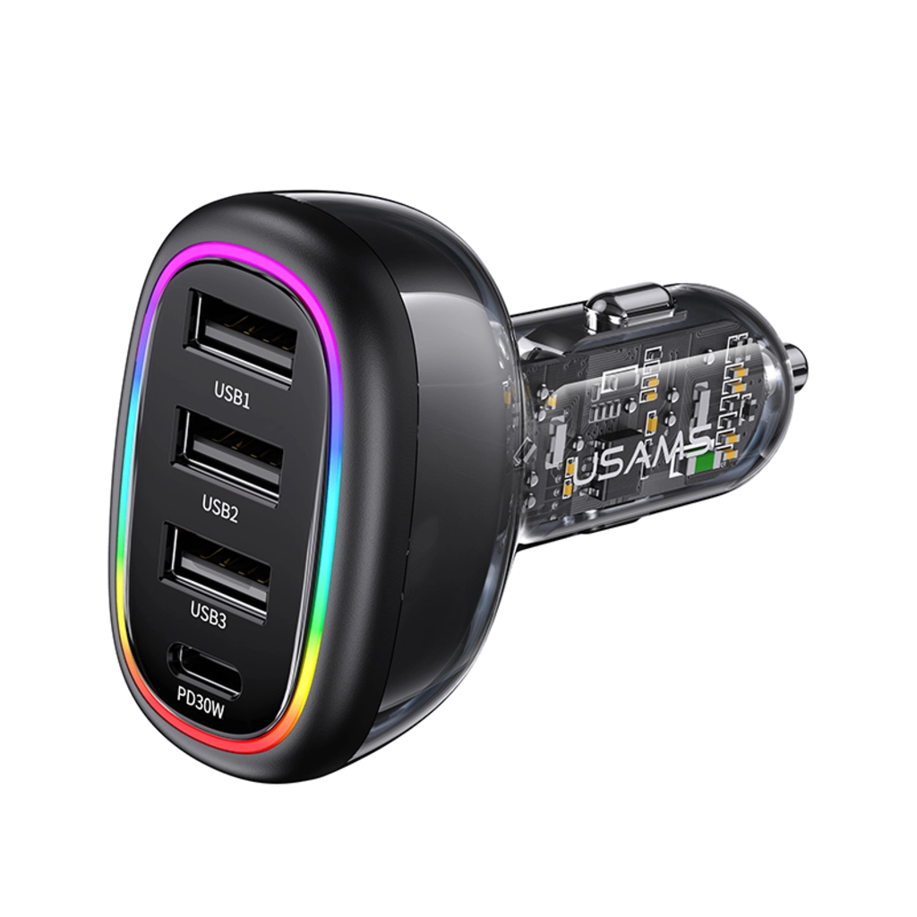 CC170 (6) Încărcător auto rapid USAMS USB-C PD 30W + USB-A 18W, putere 48W, cu iluminare LED multicoloră, design transparent - imagine 1