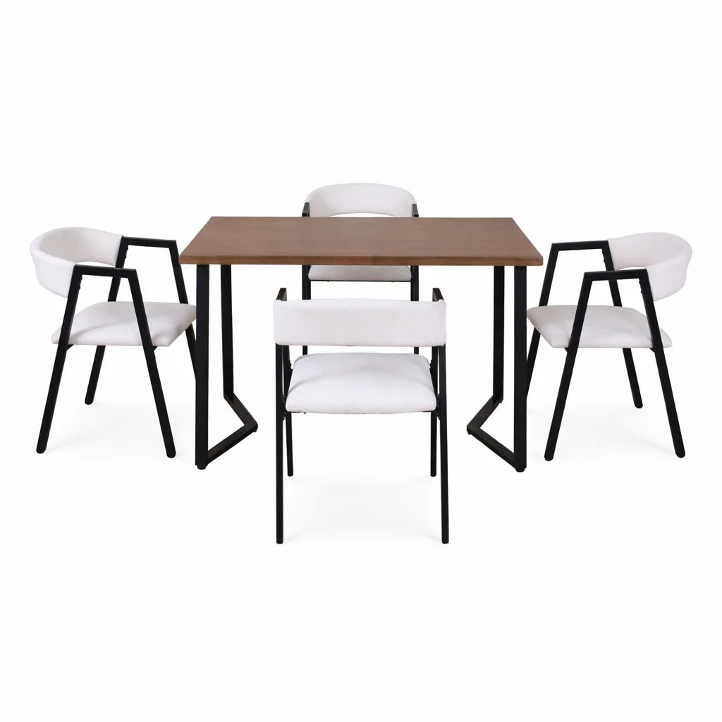 b7e19b3a-2369-4fc5-ad3f-970e4b54cd36 Set Masă Bucatarie Si Sufragerie 120x70 cm cu 4 Scaune, Blat Lemn, Cadru Metalic – Stil Modern - imagine 1